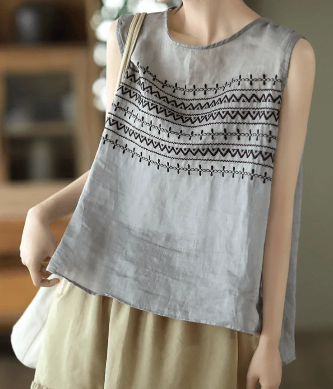 Gray Printed Women Artistic Ramie Sleeveless Top