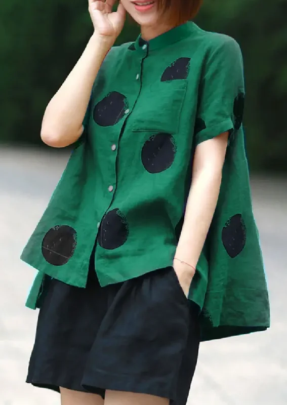 Dark green dot Print Patchwork Linen Top Button Stand Collar Summer