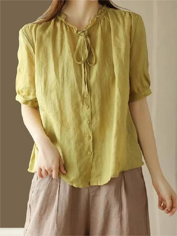 Casual Ramie Embroidered Shirt Short Sleeve