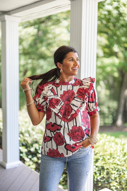 Abstract Blooms Red Floral Top