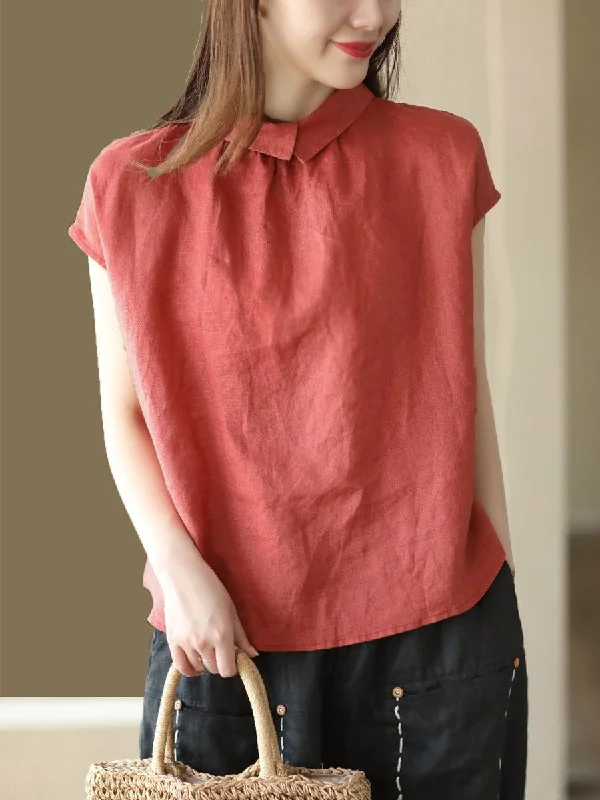 Casual Red Women Classic Retro Linen Top Short Sleeve