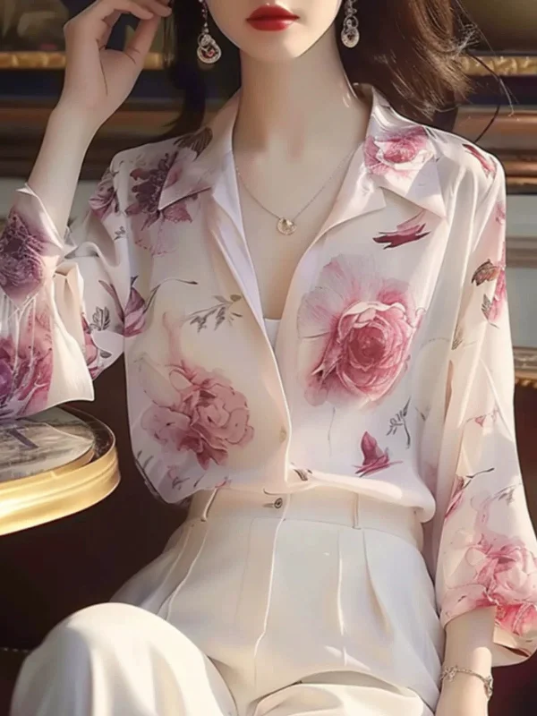 Chic French Elegant Rose Print Puff Sleeve Chiffon Shirt