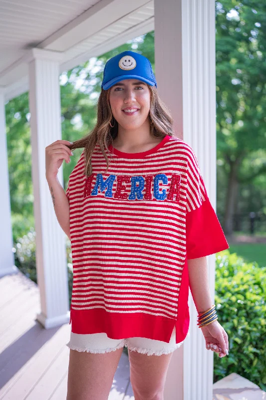 Rhinestone America Red Striped Top