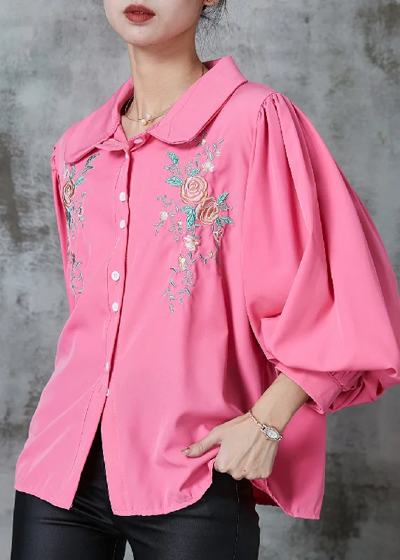 Women Rose Embroidered Floral Cotton Shirt Tops Lantern Sleeve