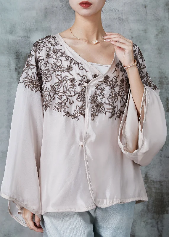 Art Apricot Embroidered Oversized Silk Shirt Tops Spring