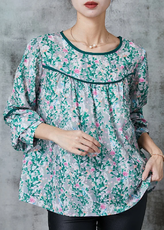 Beautiful Green Print Chiffon Loose Shirt Spring