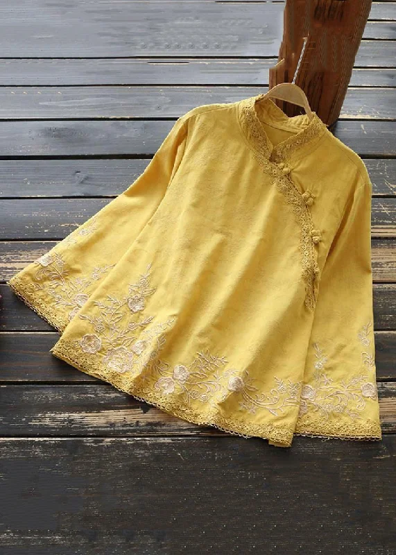 New Yellow Embroidered Button Cotton Shirt Long Sleeve