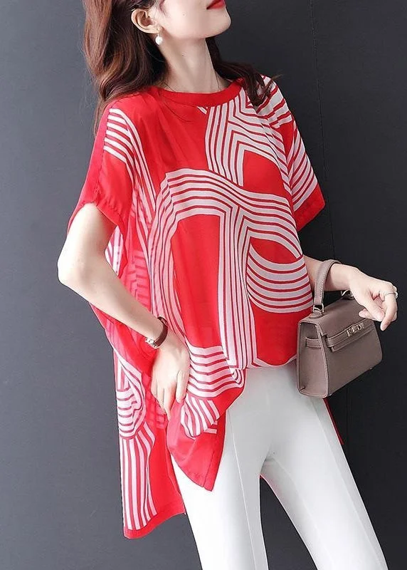 New Red O Neck Print Chiffon T Shirt Short Sleeve