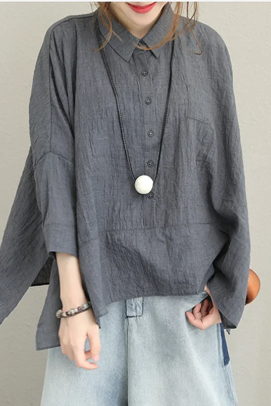 Loose Gray Cotton Shirt Women Spring Summer Blouse