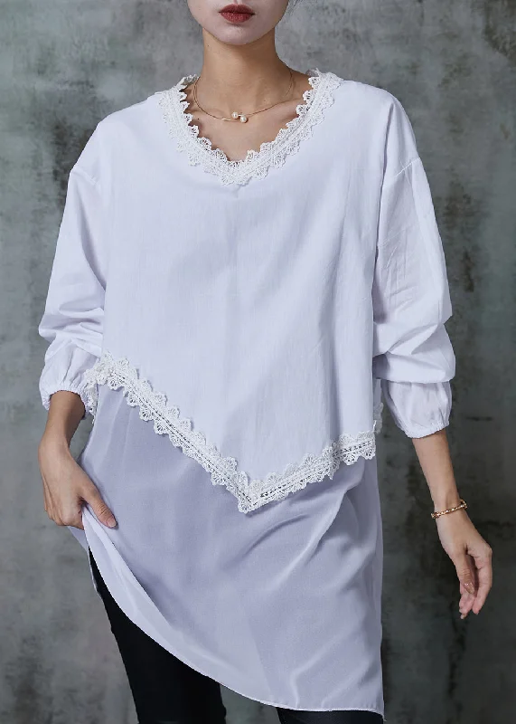 White Patchwork Lace Cotton Blouses Oversized Summer