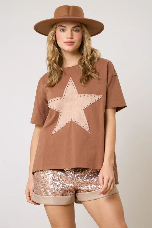 Studded Star Washed Brown Top