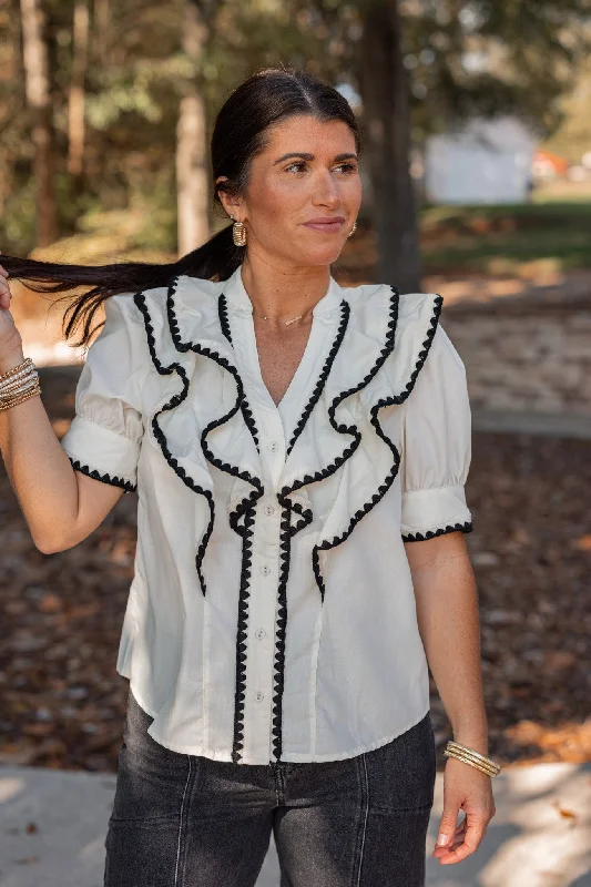 Ruffled Frills Embroidered Cream Top