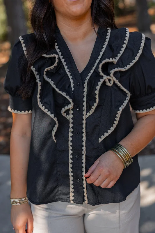 Ruffled Frills Embroidered Black Top