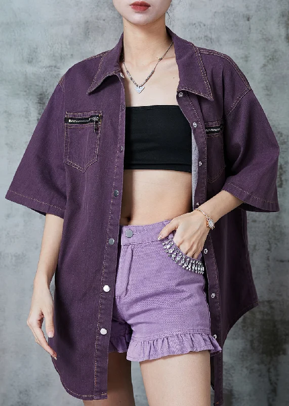 Classy Dull Purple Zip Up Oversized Denim Shirt Top Summer