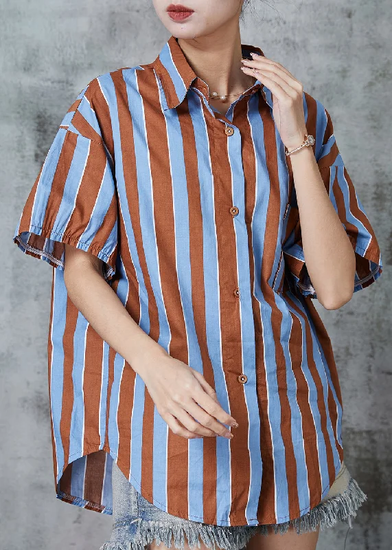 Elegant Colorblock Oversized Striped Cotton Top Summer