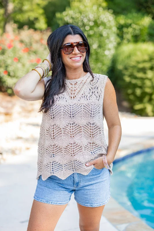 Day Dreamin' Taupe Crocheted Top