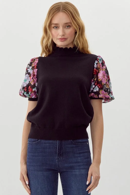 Sequin Puff Sleeve Black Top