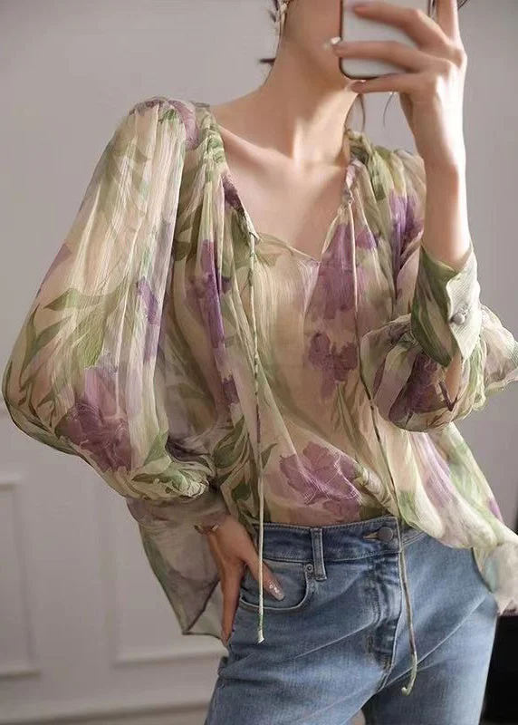 French Green Print Lace Up Chiffon Blouse Long Sleeve