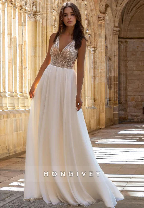 Sexy Sheer V-Neck A-Line Tulle Engagement Beach Wedding Dress HONGIVEY