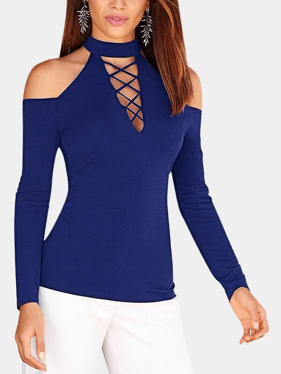 OEM ODM V-Neck Lace-Up Long Sleeve Blue T-Shirts