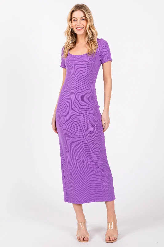 Purple Ribbed Fitted Midi Dress