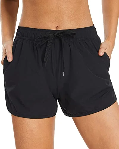 Athletic Sporty Boardshorts Pockets Swim Bottom Trunks For Teens Girls-Black