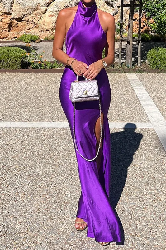 Sexy Celebrities Solid Backless Slit Halter Dresses