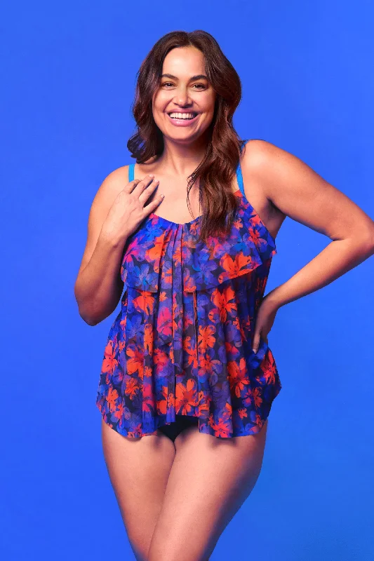 Plus Size Draped Tier Mesh Tankini Top in Iridescent Blooms