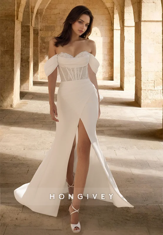 Applique Off-Shoulder Trumpet with Slit Satin Wedding Dress HONGIVEY