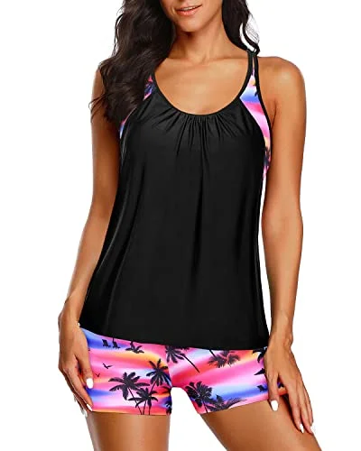 Athletic Swim Tank Top Boy Shorts Tummy Control Tankini Set-Black Conut Tree