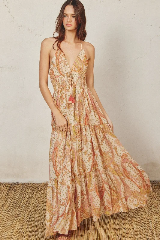 Cream Paisley Print Halter Maxi Dress