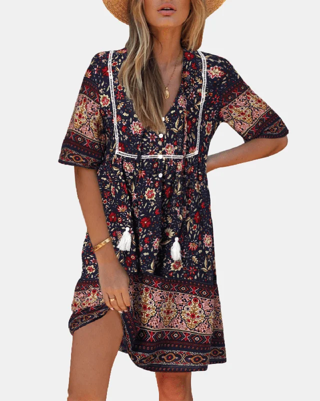 Bohemian Floral Print V-Neck Short Sleeve Mini Dress