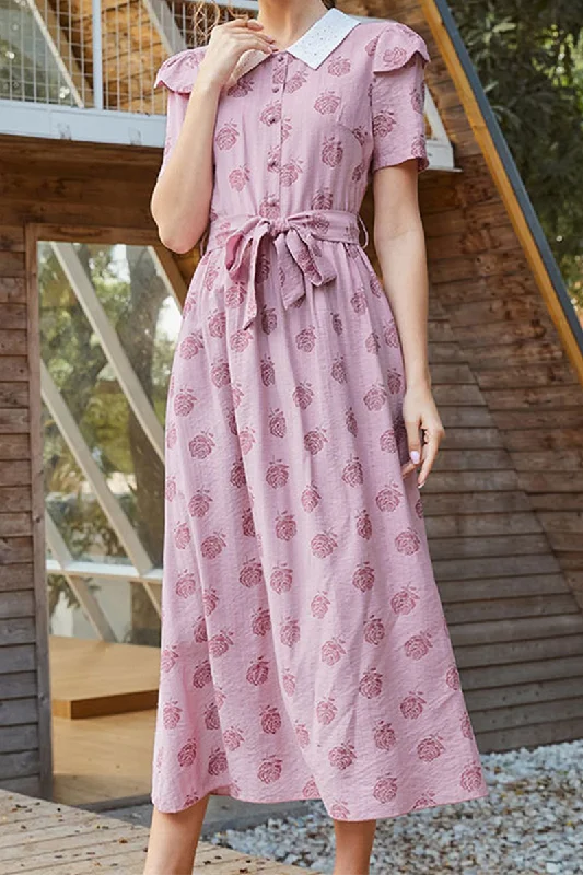 Elegant Floral Buckle With Belt Turndown Collar A Line Dresses