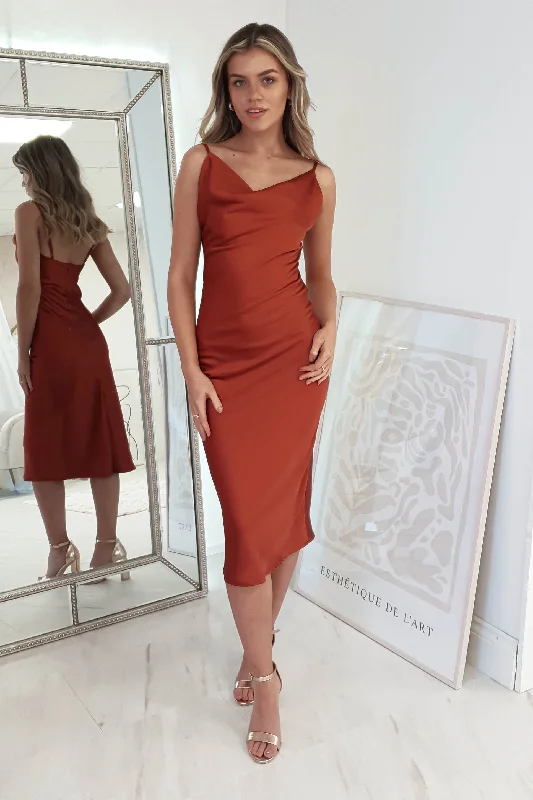 Natalie Satin Cowl Neck Midi Dress | Rust