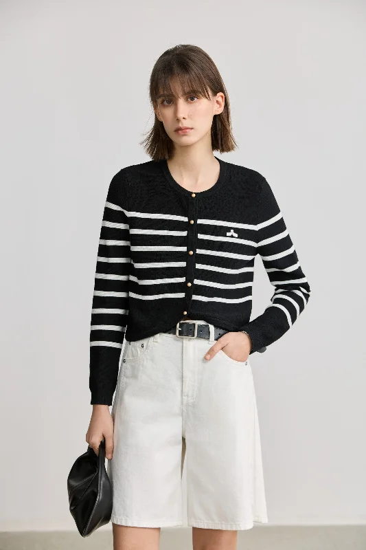 LILY Striped Round Neck Knit Cardigan