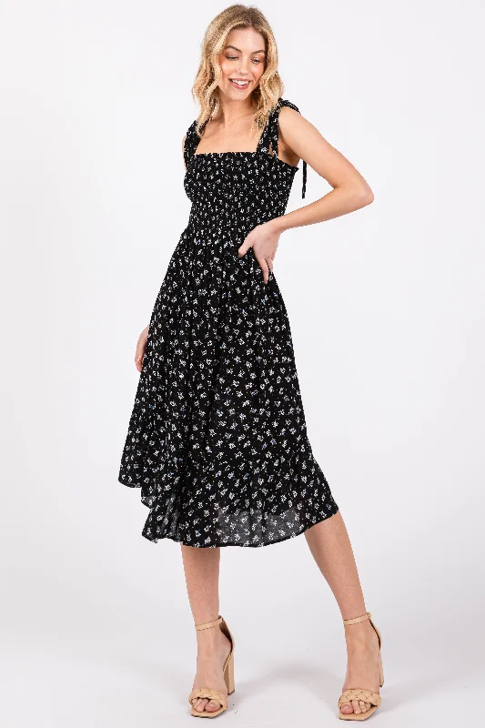 Black Floral Sleeveless Knotted Strap Dress