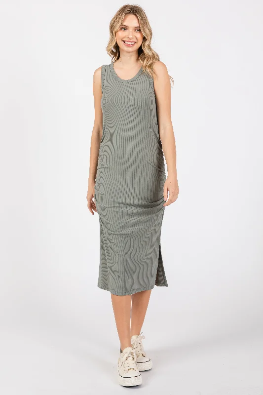 Olive Sleeveless Ribbed Ruched Dress