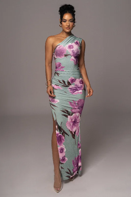 Sage Floral Eden One Shoulder Maxi Dress