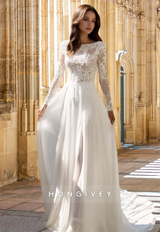 Applique Long Sleeves Tulle A-Line with Train Beach Wedding Dress Bridal Gown