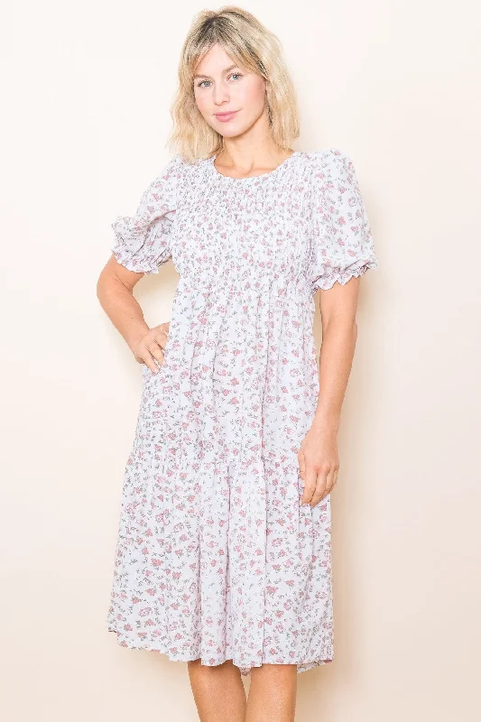 Cream Floral Smocked Midi Dress