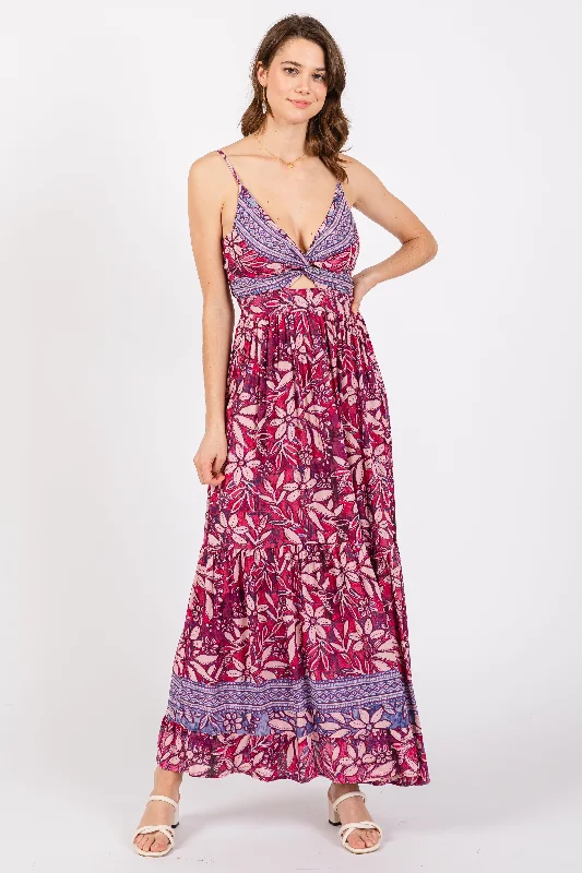 Purple Floral Strapless Front Tie Knot Maxi Dress