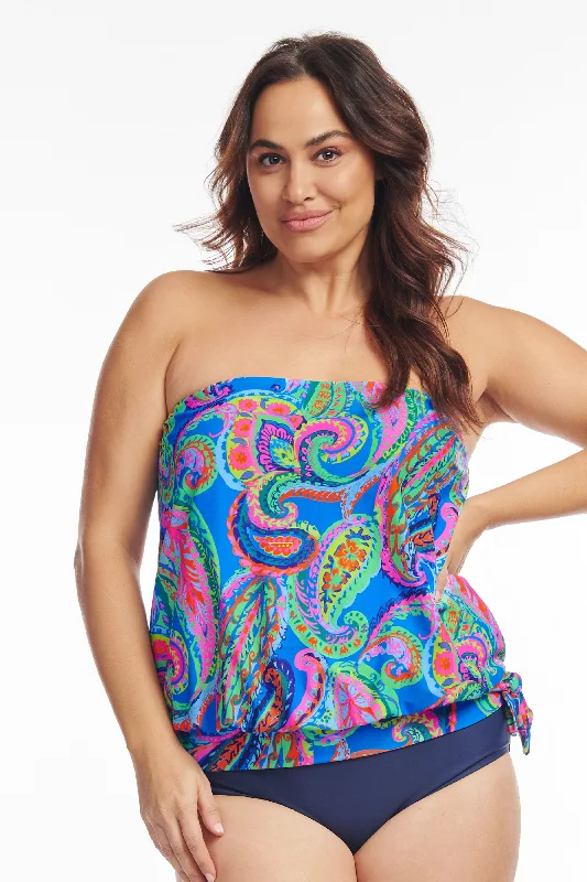 Plus Size Draped Blouson Tankini Top in French Paisley Blue