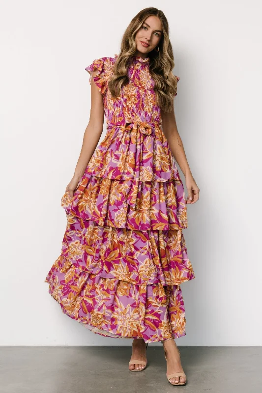 Mya Smocked Maxi Dress | Orchid + Gold Print