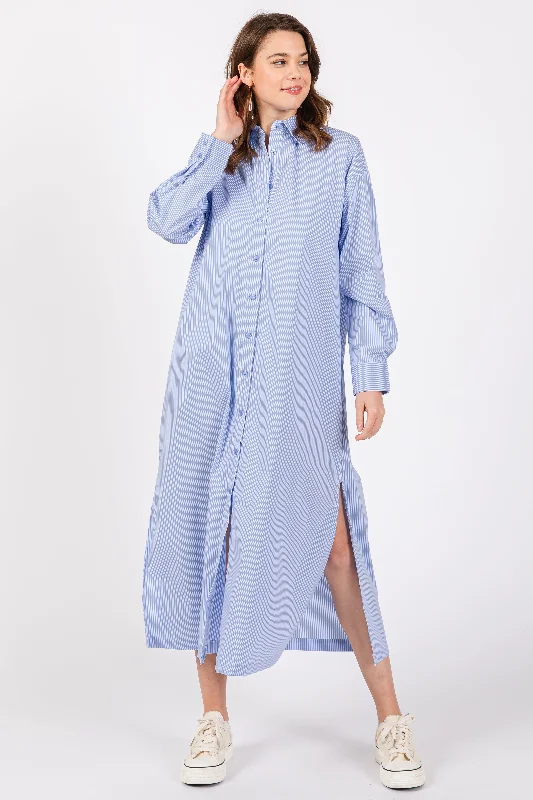 Blue Pinstriped Button Front Side Slit Midi Shirt Dress