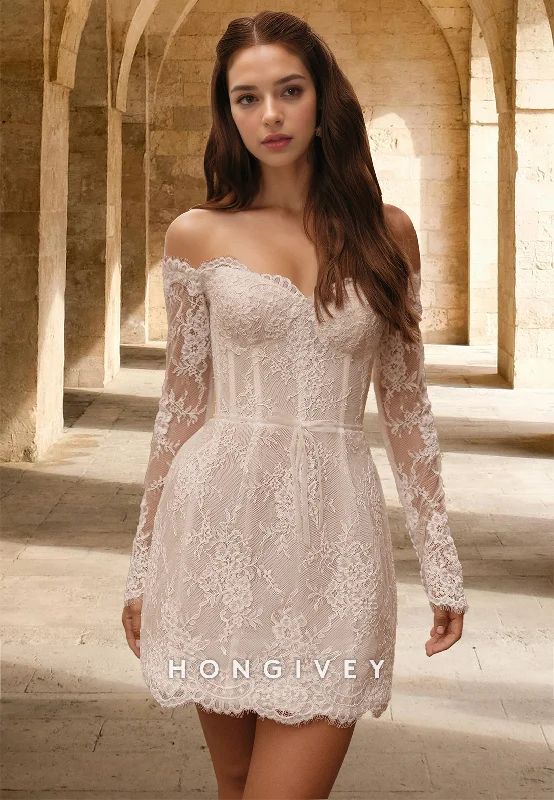 Short Off-Shoulder Long Sleeves Lace Applique Engagement Wedding Dress