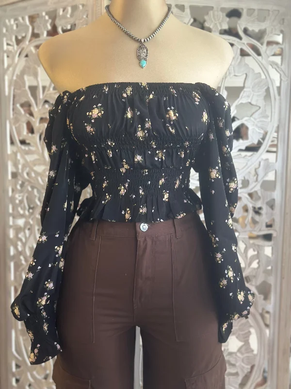 Black Floral Off Shoulder Top