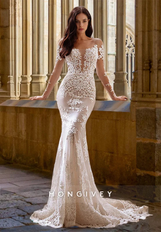 Sexy Sheer Lace Applique Sleeves Mermaid with Detachable Train Wedding Dress