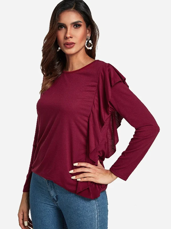 OEM ODM Round Neck Long Sleeve Burgundy Top