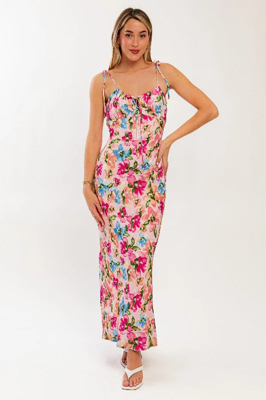 Pink Floral Shoulder Tie Maxi Dress