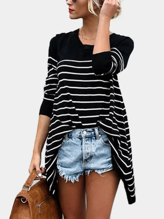 OEM ODM Stripe Long Sleeve Irregular Hem Black T-Shirts